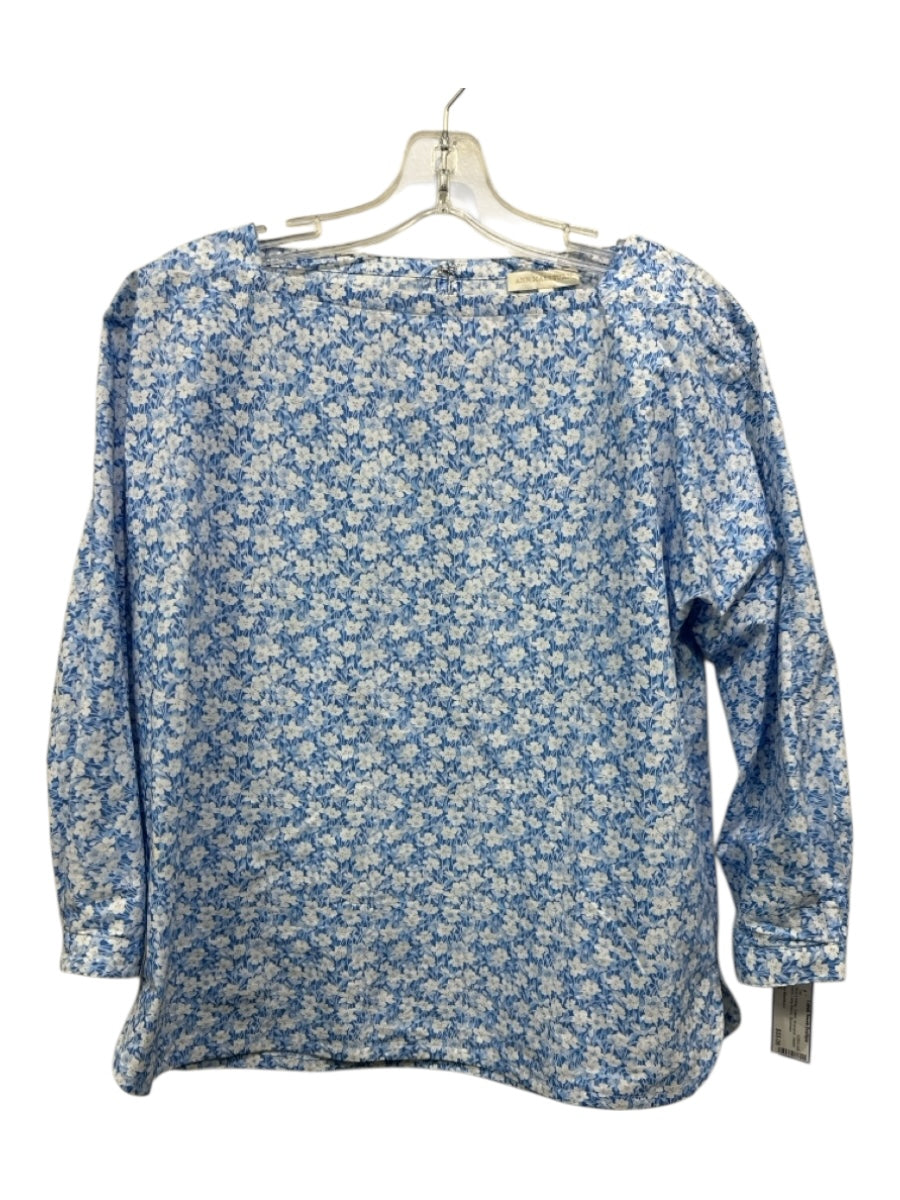 Ann Mashburn Size S Blue & White Cotton floral print Square Neck Long Sleeve Top