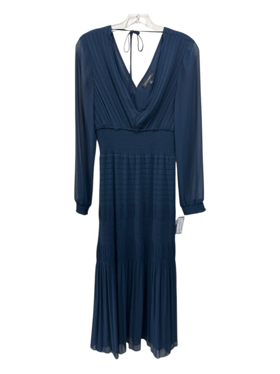 Intermix Size 4 Navy Blue Polyester Long Sleeve Solid Pleated Midi Dress