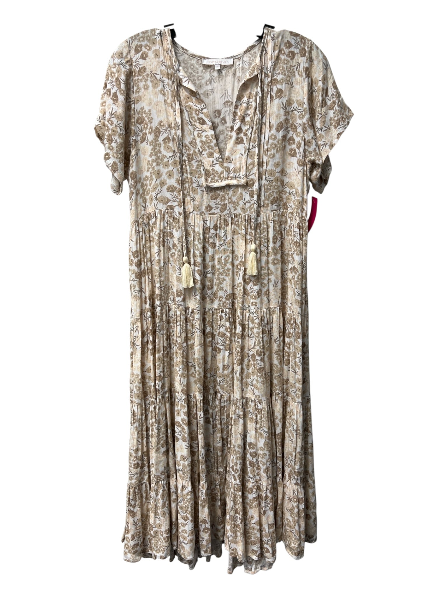 Olivaceous Size Small Brown & White Rayon Tassel Detail V Neck Maxi Dress