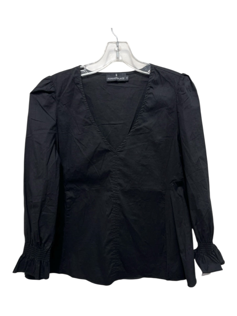 Pomander Place Size M Black Cotton Long Sleeve V Neck Top