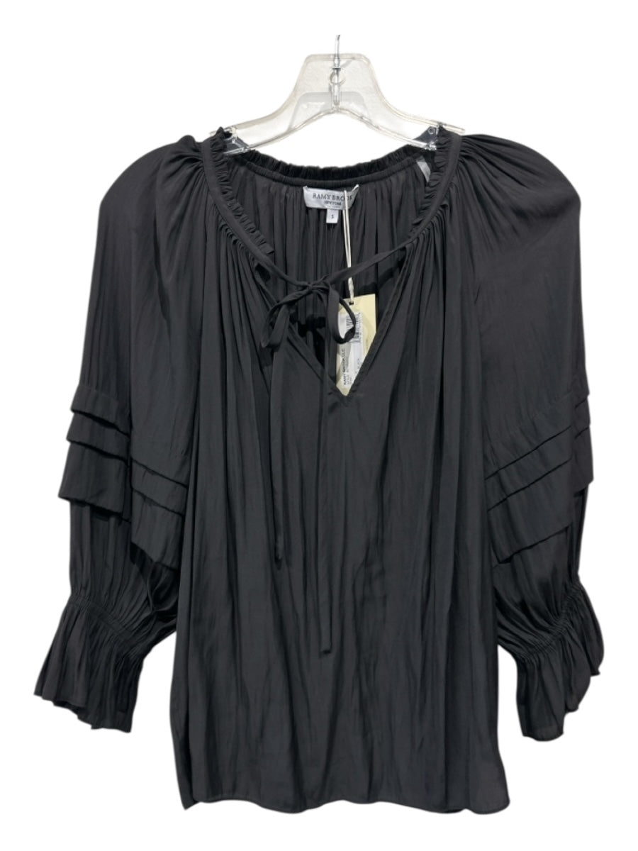 Ramy Brook Size Small Black Polyester V Neck Ruffles Long Sleeve Tiered Top