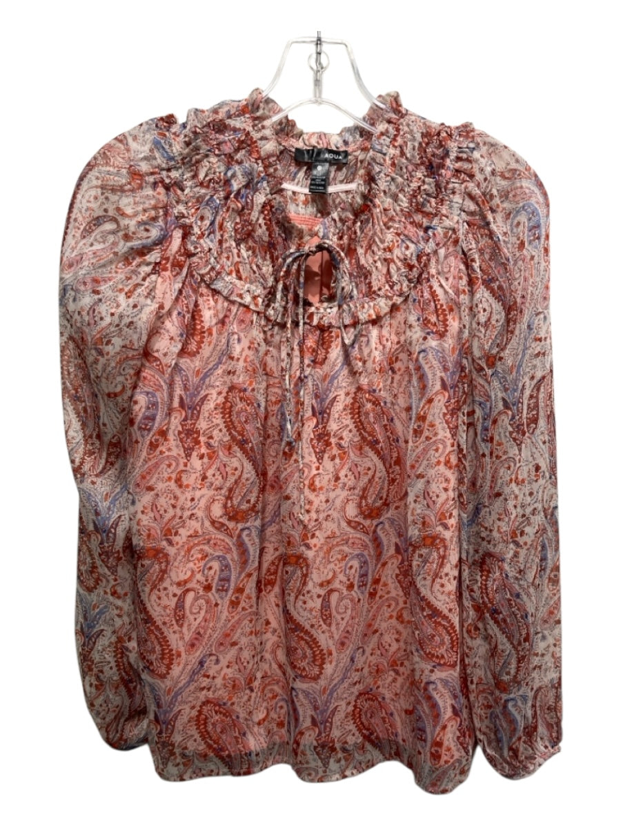 Aqua Size XS Brown, Blue & Cream Polyester Long Sheer Sleeves Paisley V Neck Top
