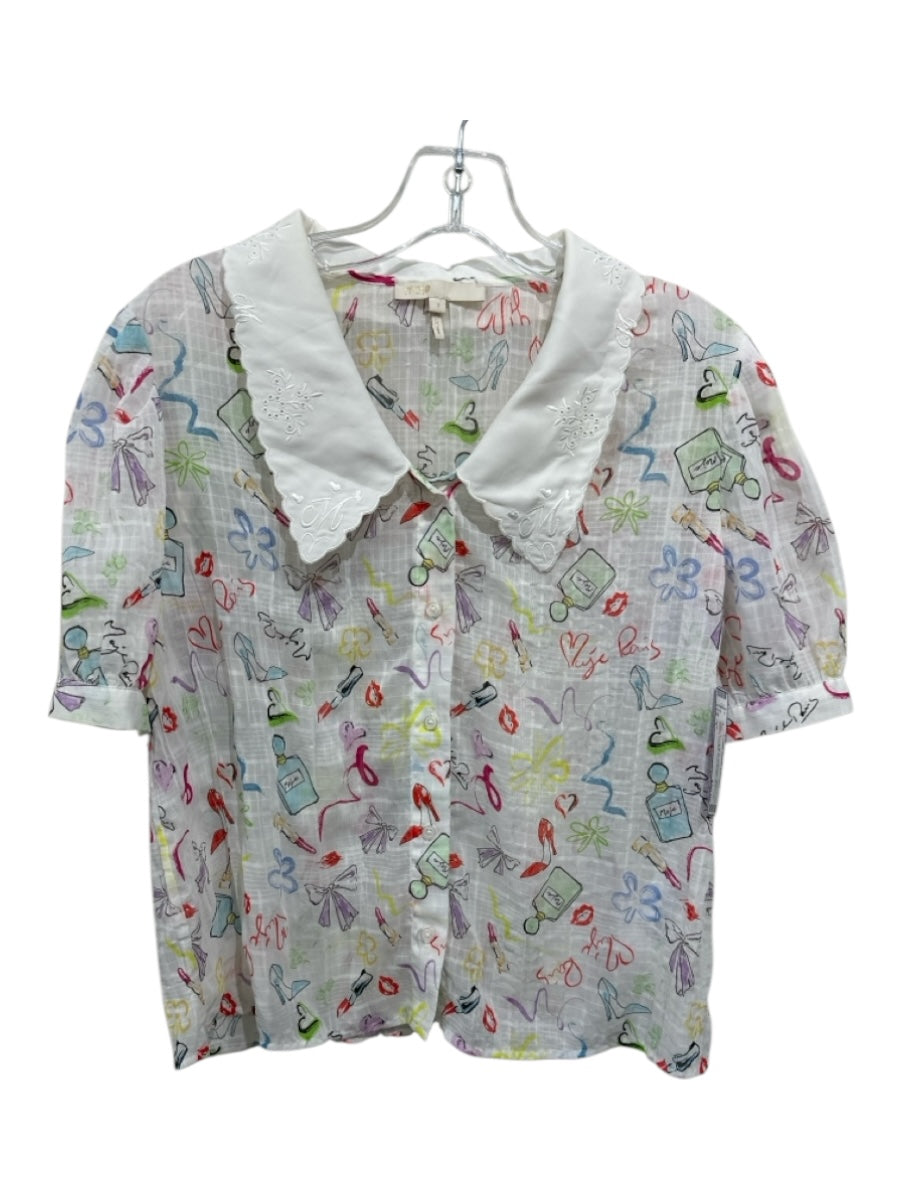 Maje Size 1 White, Red & Multi Polyester Short Sleeve Lipstick Print Top
