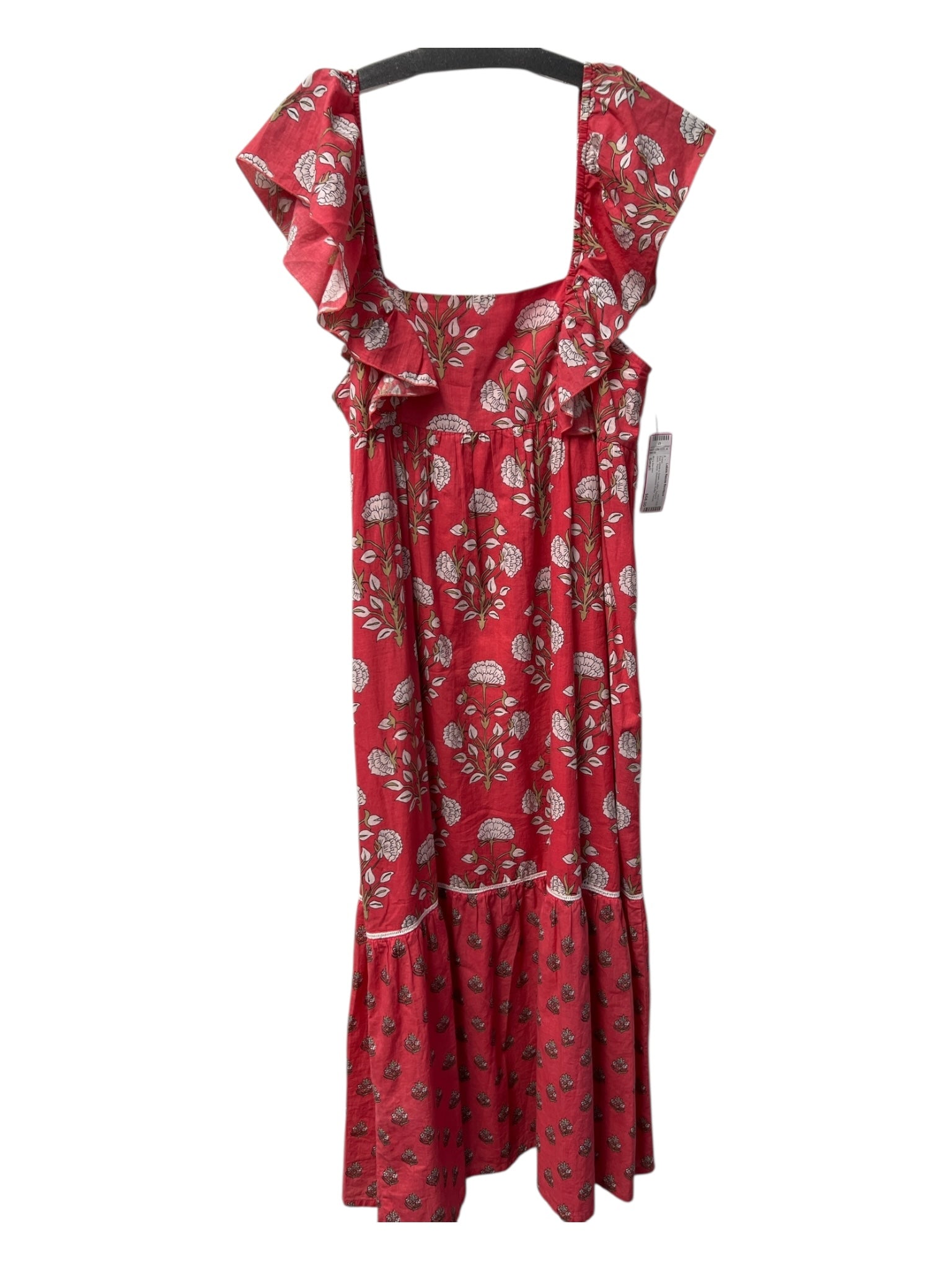 Ro's Garden Size Small Red, White & Green Cotton Square Neck Floral Tiered Dress
