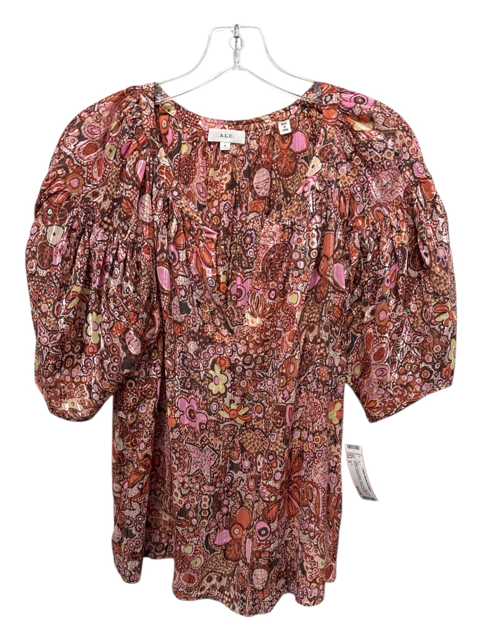 A.L.C. Size 6 Orange, Pink & Black Silk Short Balloon Sleeve Abstract Print Top - Labels Resale Boutique