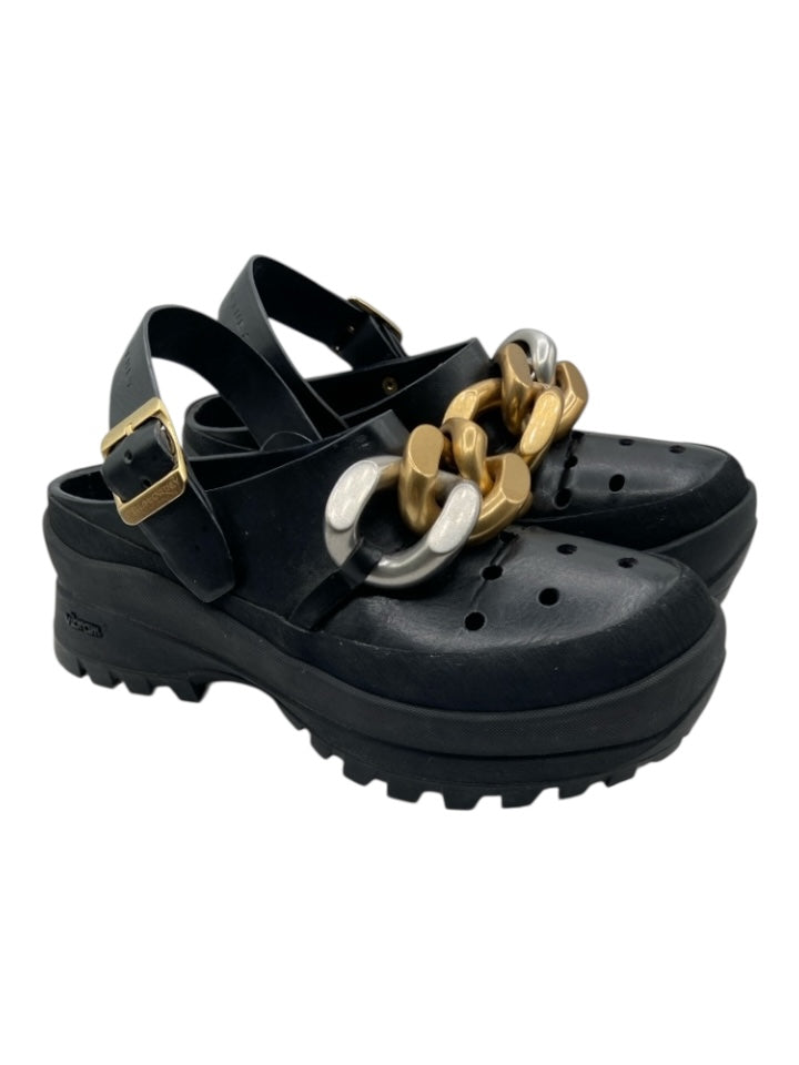 Stella McCartney Shoe Size 37 Black, Gold, Silver Faux Leather Platform Sandals