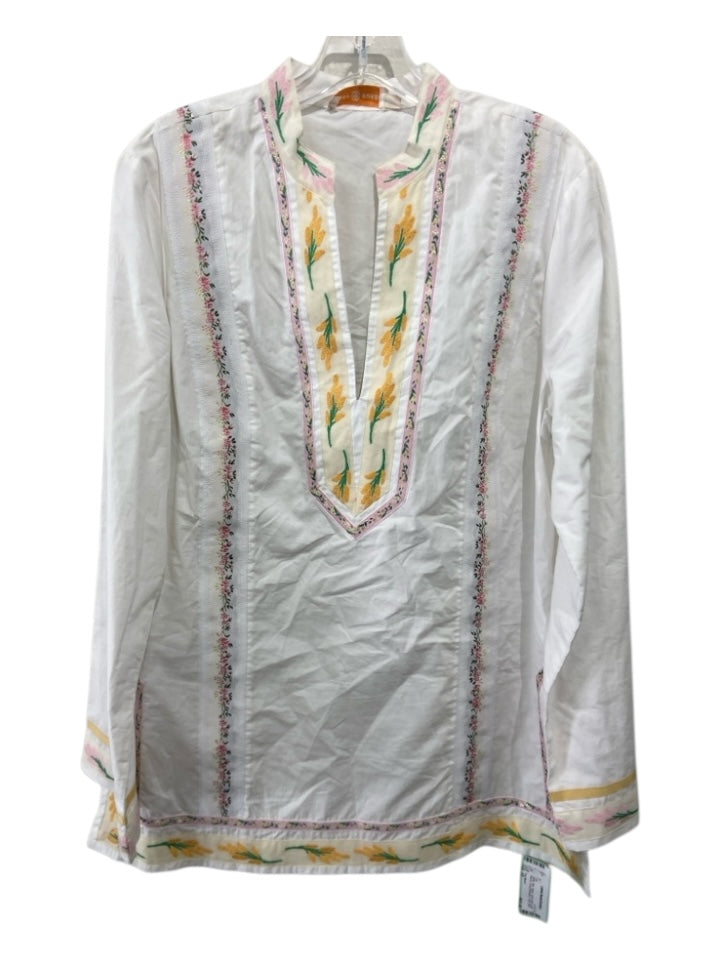 Tory Burch Size 12 White, Pink, Yellow 100% Cotton Long Sleeve Tunic Top