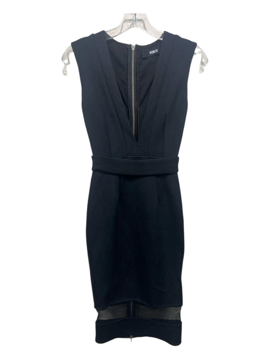 Nicholas Size 38 Black Viscose Blend Mesh Accent Plunge Neckline Sheath Dress