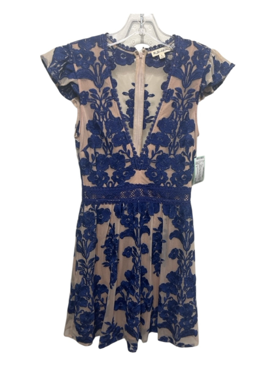 For Love & Lemons Size S Blue & Beige Nylon Mesh Embroidered Flowers Dress