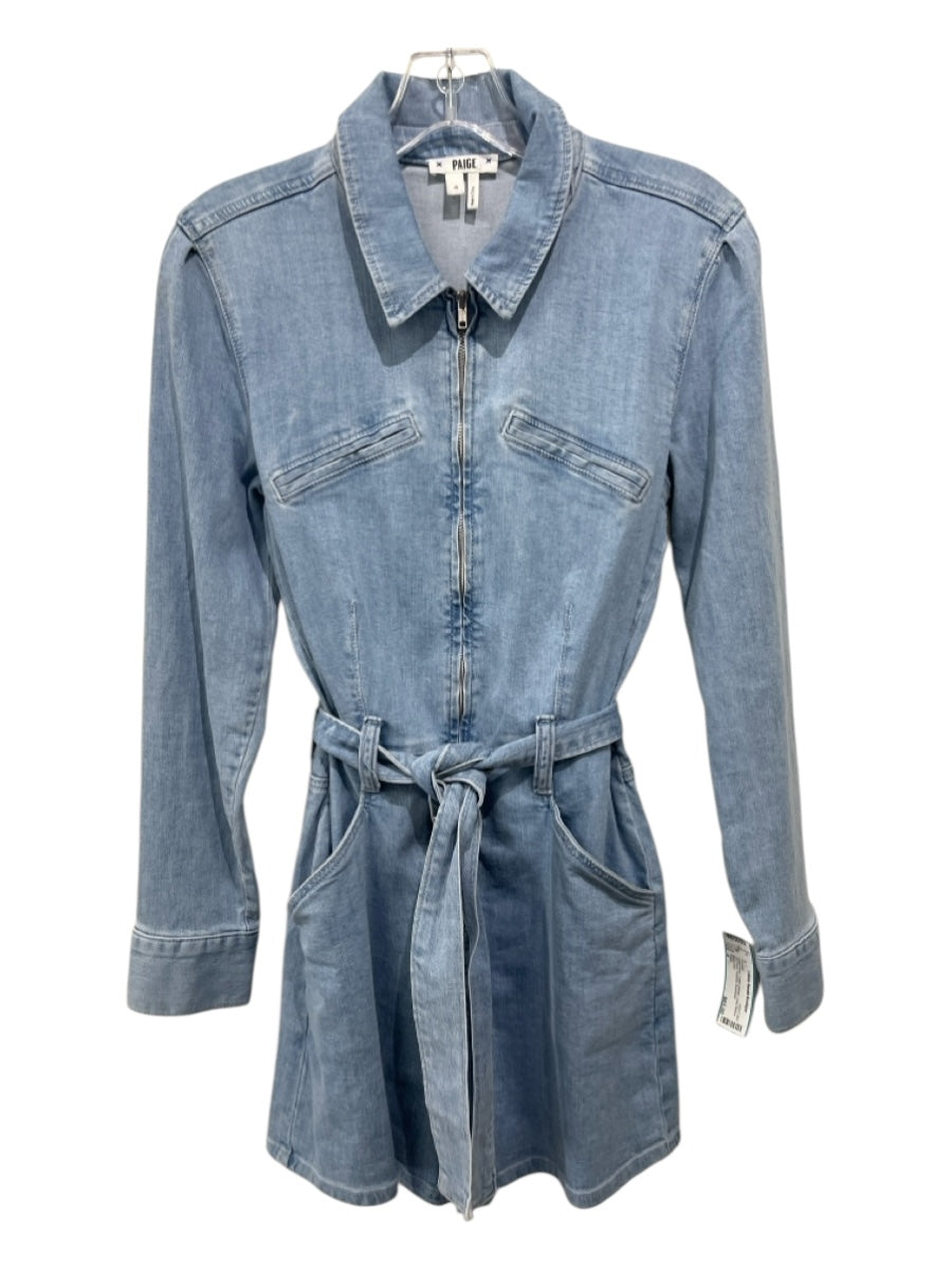 Paige Size 4 Light Wash Cotton Denim Long Sleeve Zip Front Pockets Romper