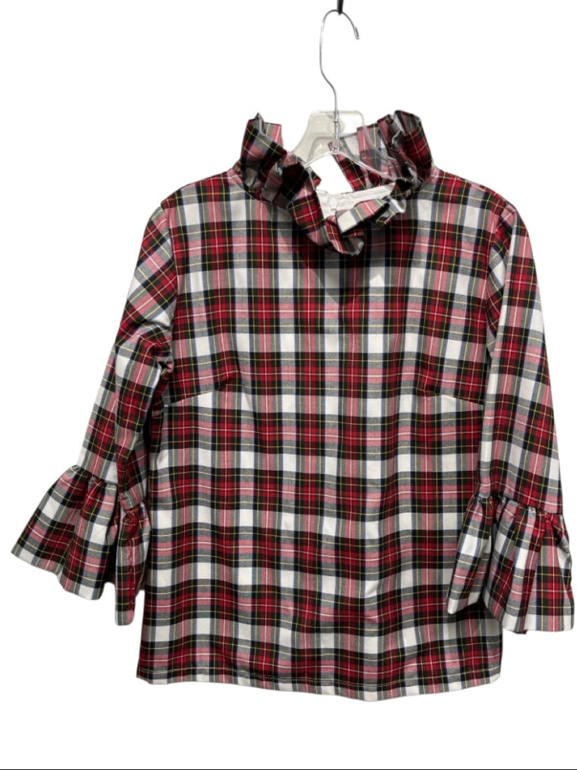 Elizabeth Wilson Size S White, Red, Multi Polyester Blend Long Sleeve Plaid Top