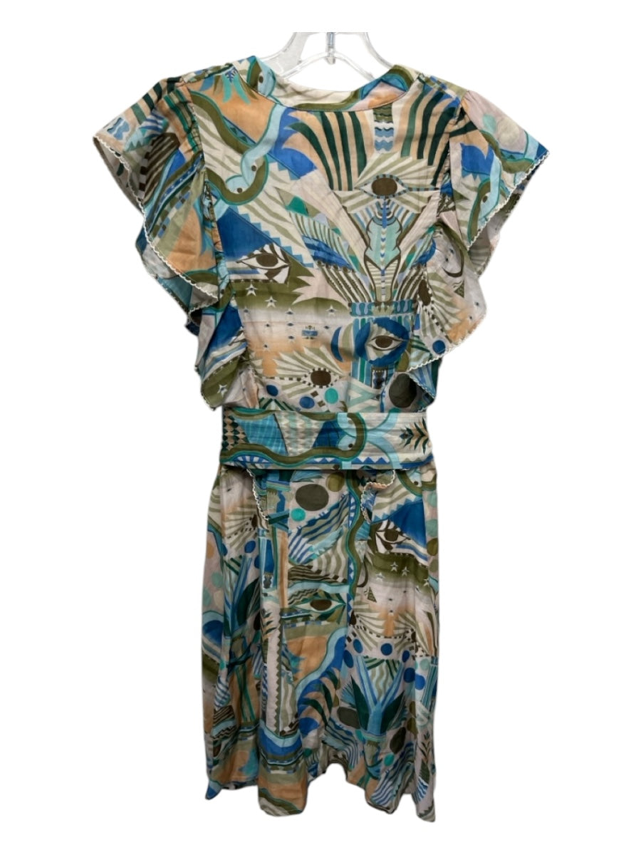 Chufy Size XS Blue, Tan & Green Cotton & Silk Short Cap Sleeve V Neck Dress