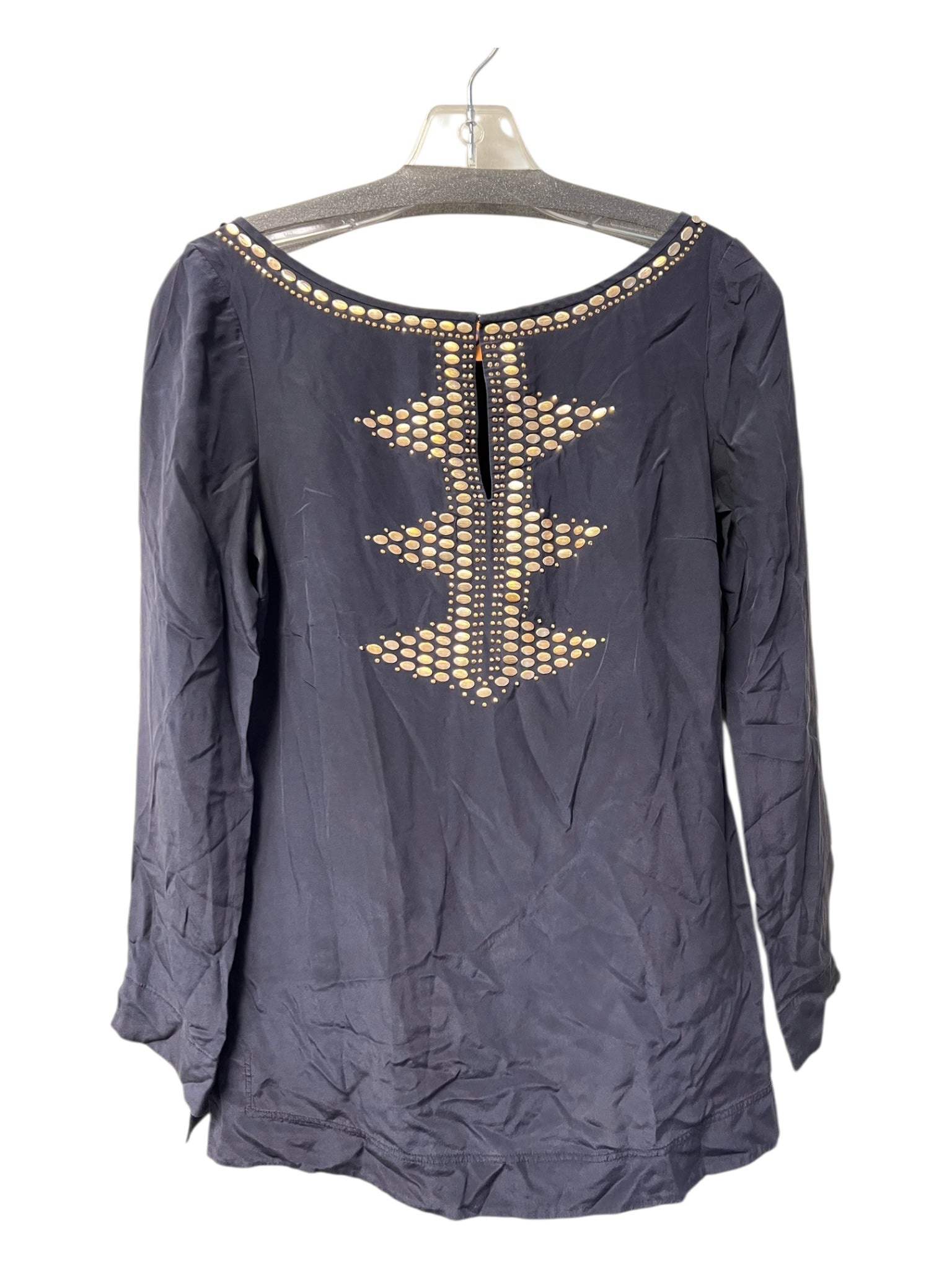 Tory Burch Size 4 Navy Silk Long Sleeve Wide Neck Gold Detail Side Split Top