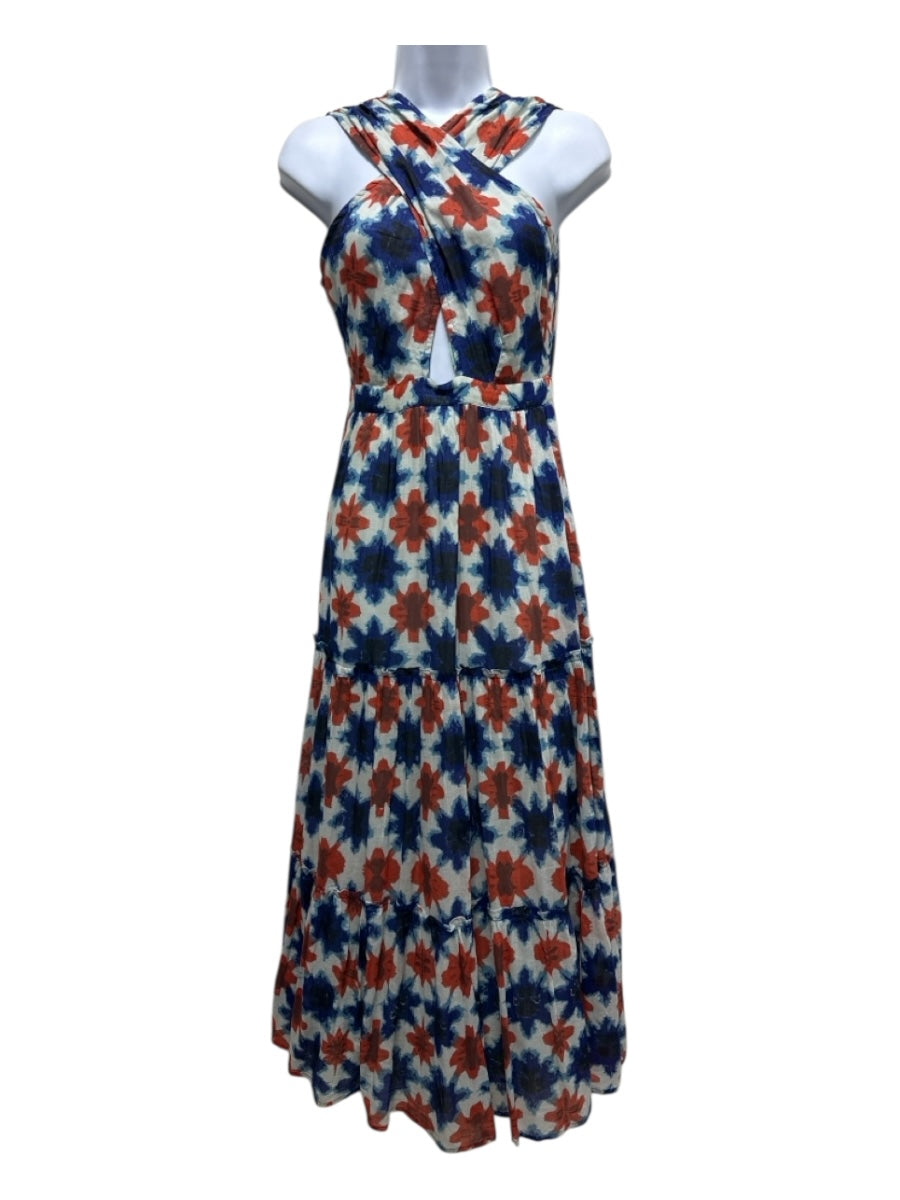 Banjanan Size XS Blue & Orange Cotton Surplice Tie Dye Tiered Maxi Dress