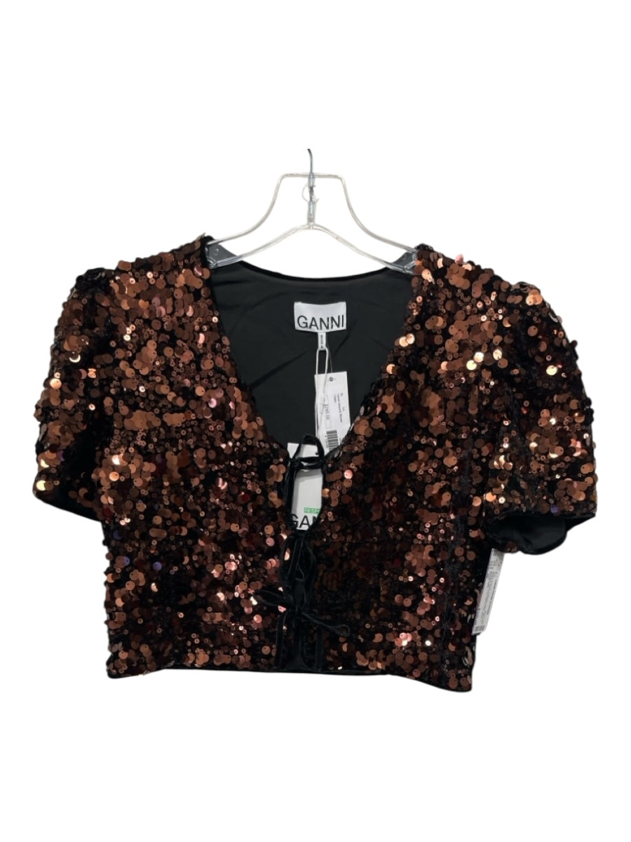 Ganni Size 36 Brown & Black Polyester Blend All Over Sequins Tie Front Top