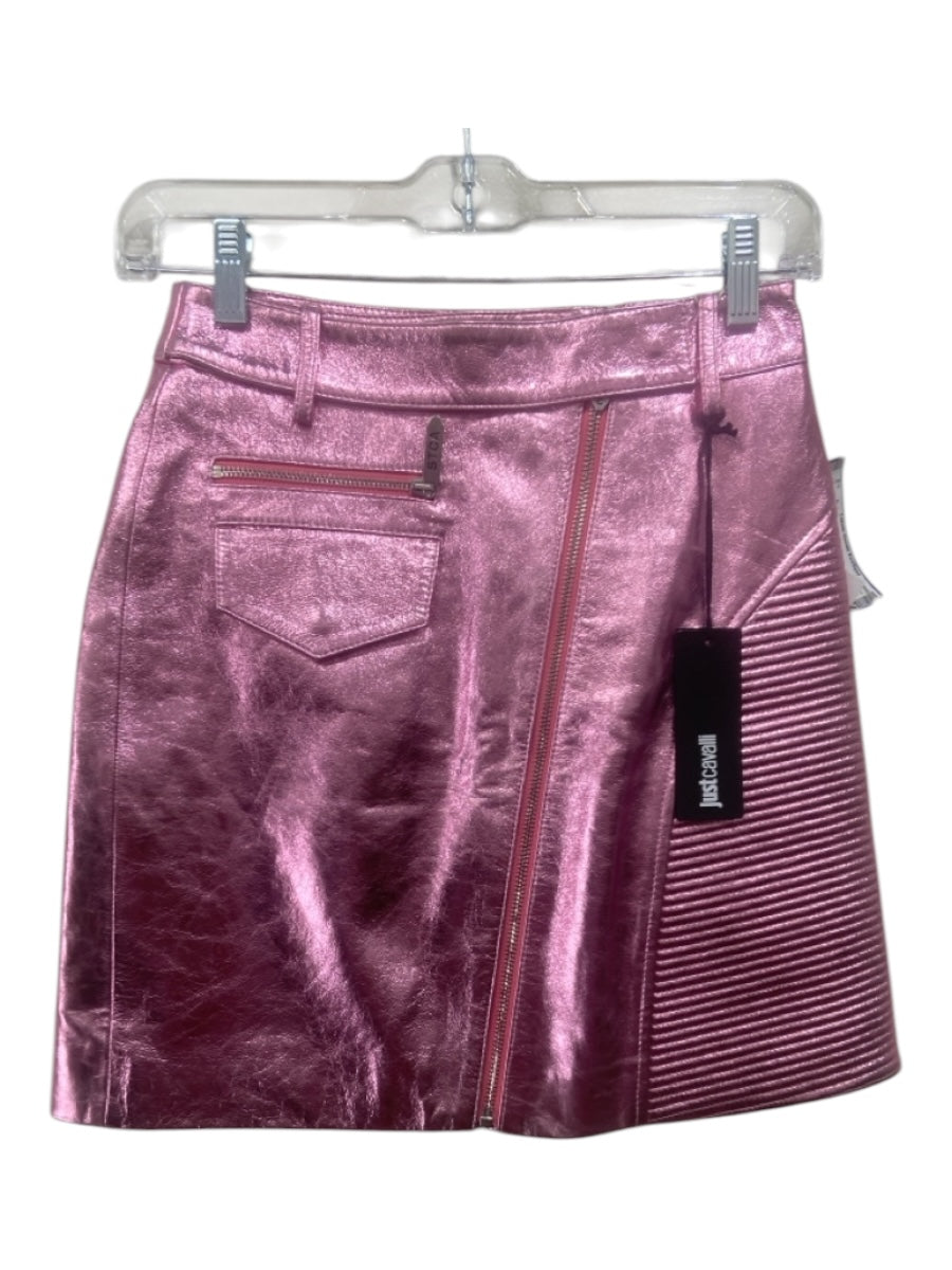 Just Cavalli Size 38 Pink Leather Metallic Moto Zippers Skirt