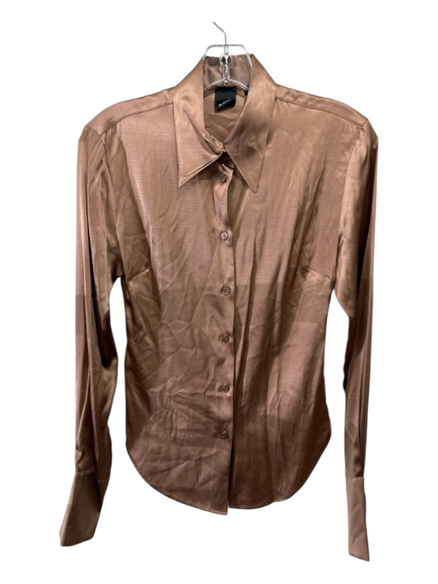 Pinko Size 2 Tan Brown Silk Blend Button Front Satin Collar Long Sleeve Top