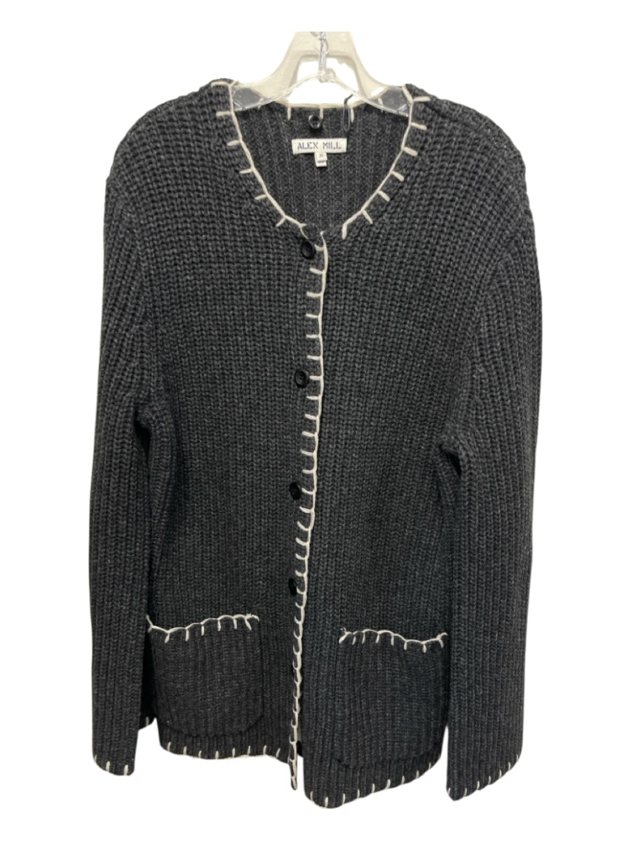 Alex Mill Size M Dark Grey & Cream Wool Blend Rib Knit Whipstitch Sweater