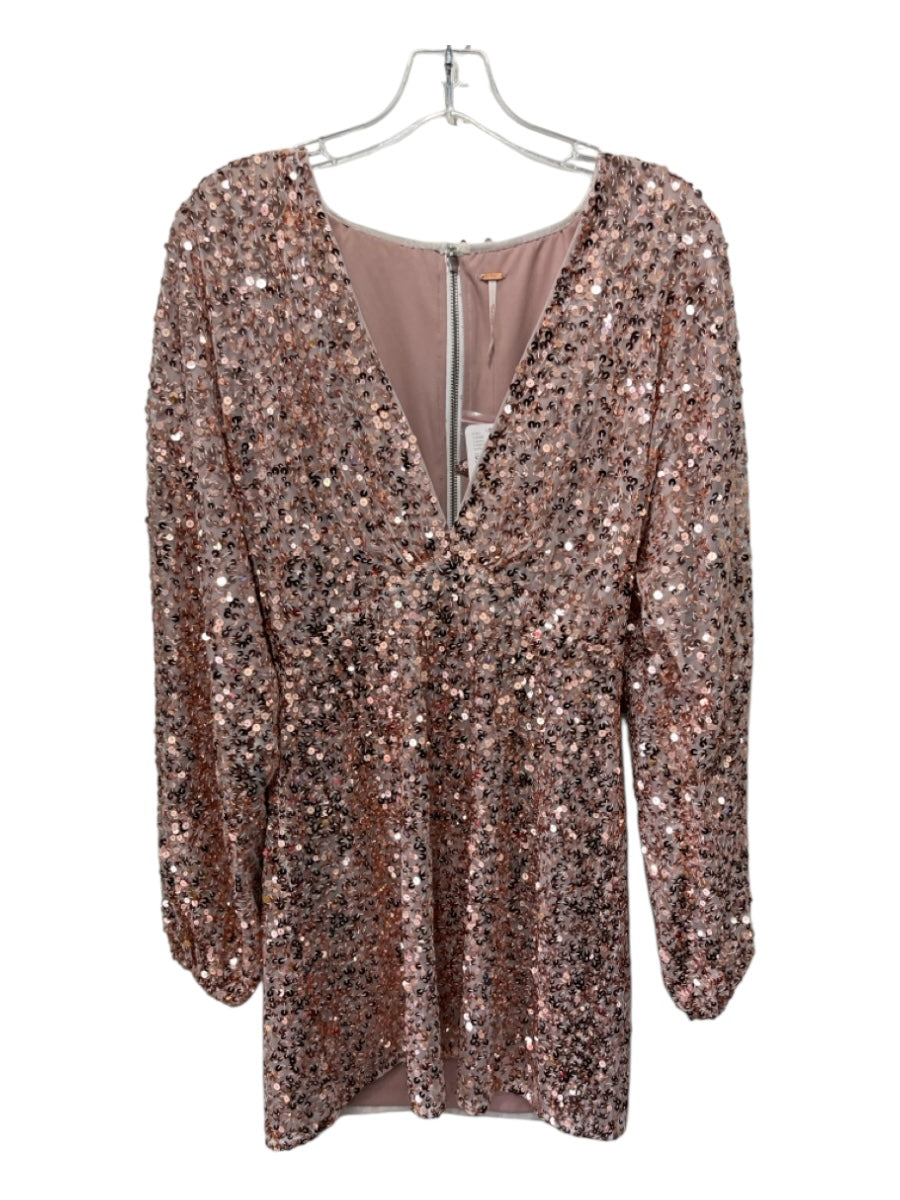 Free People Size S/P Rose Gold Polyester Long Balloon Sleeve V Neck Dress