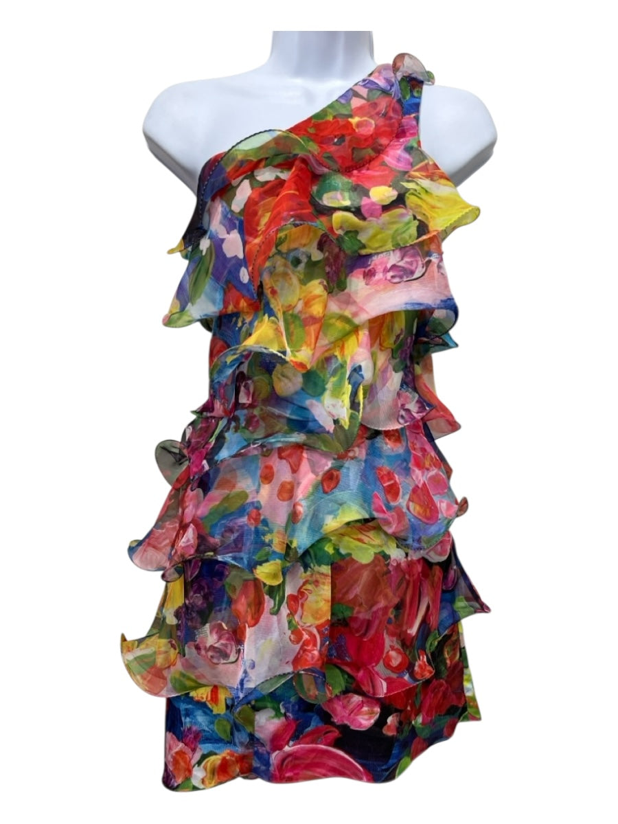 Marchesa Notte Size 8 Red, Blue & Mulit Polyester One Shoulder Floral Dress