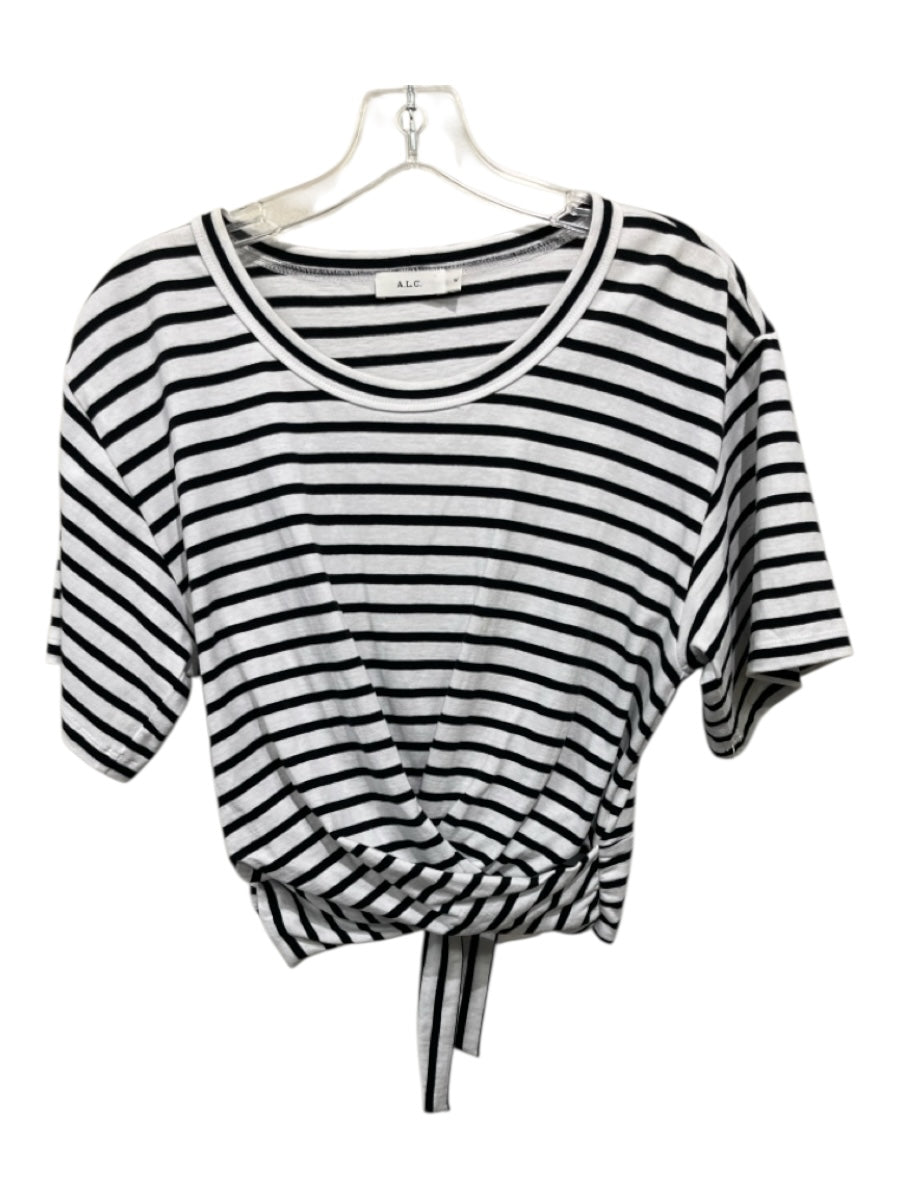 A.L.C. Size M Black & White Cotton Stripe Short Sleeve Wrap & Tie Top