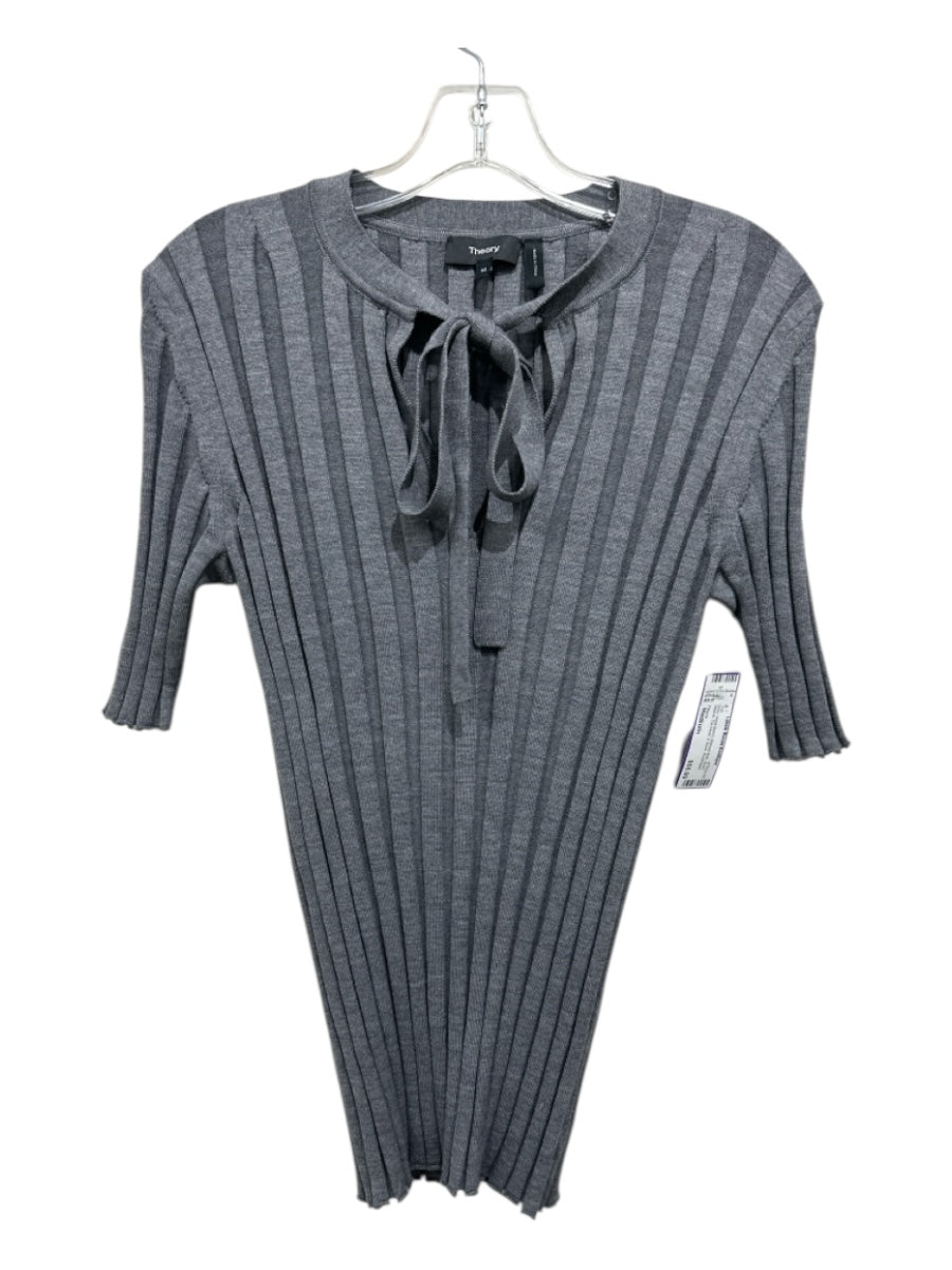 Theory Size Medium Gray Wool Blend Ribbed Knit Short Sleeve Tie Neck V Neck Top