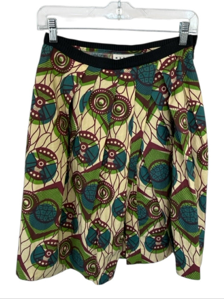 Marni x H&M Size 6 Green & Teal Cotton Side Zip Circles Pleated Midi Skirt