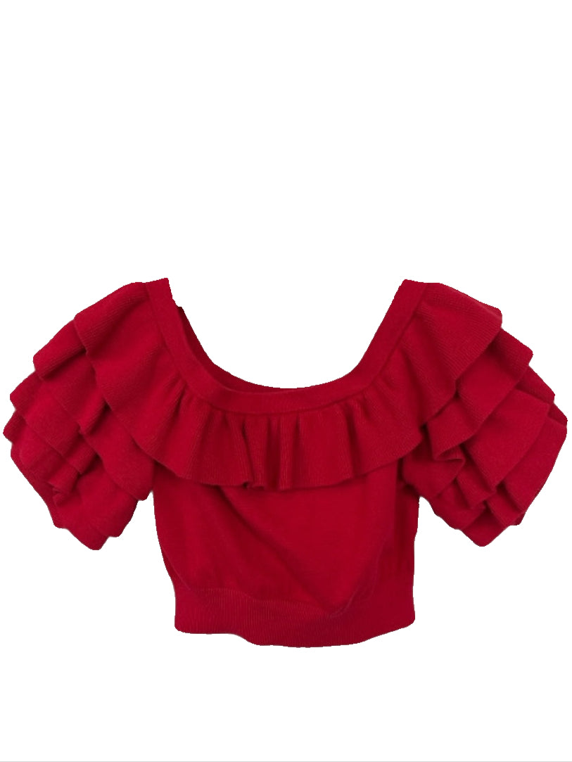 Marissa Webb Size M Red Acrylic Off Shoulder Ruffles Top