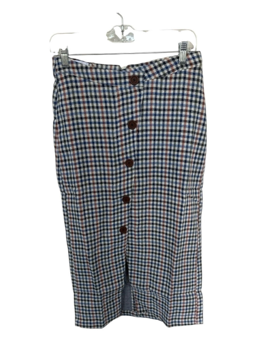 Rita Row Size M Navy & Orange Cotton High Waist Checkered Buttons Midi Skirt