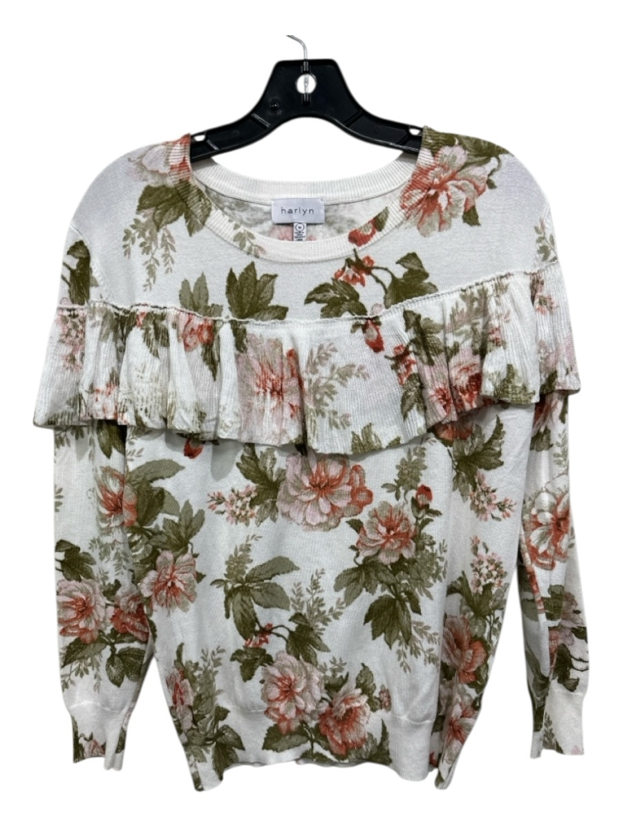 harlyn Size M White, Red, Green Rayon Blend Floral Ruffle Accent Sweater