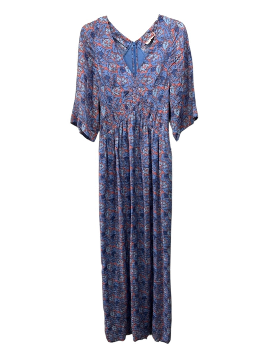 Tory Burch Size 6 Blue & Orange Silk Blend V Neck Floral Short Sleeve Maxi Dress