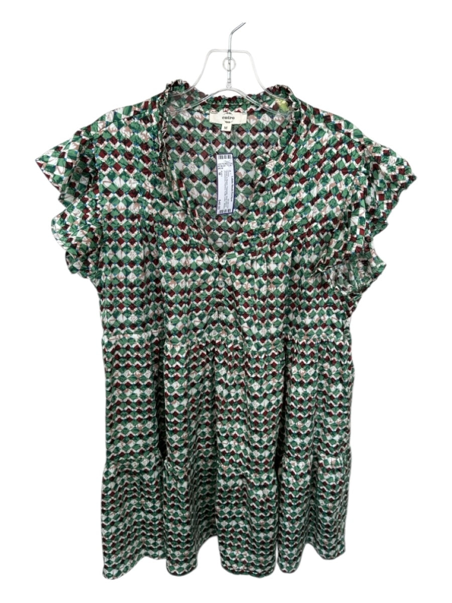 Entro Size M Green & Brown Polyester Short Sleeve Checkered Flowers Dress