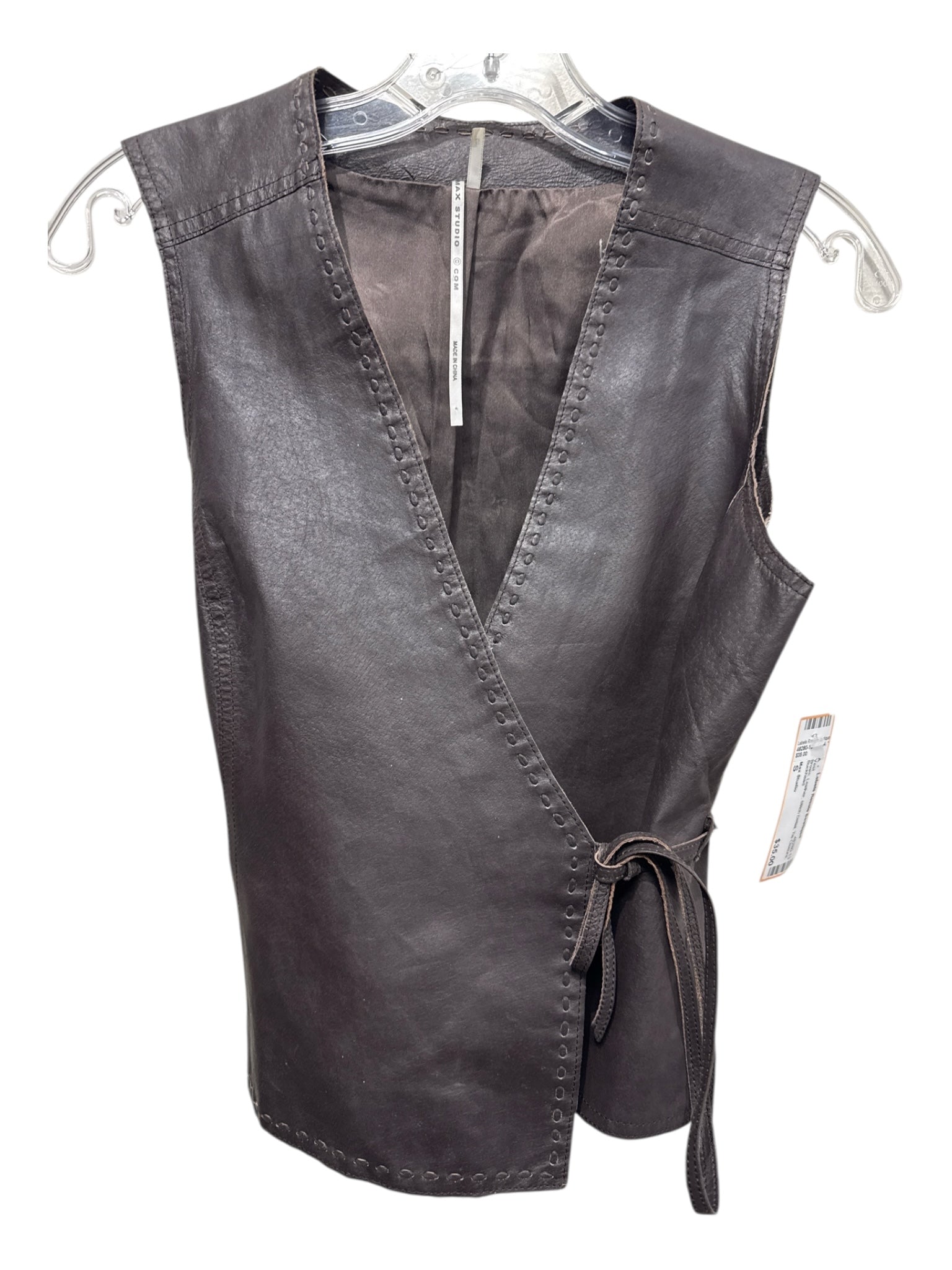 Max Studio Size S Brown Leather Stitch Detail Tie Closure Vest