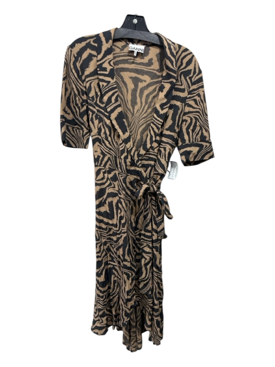 Ganni Size 38 Brown & Black Viscose Tiger Below Knee Wrap Dress