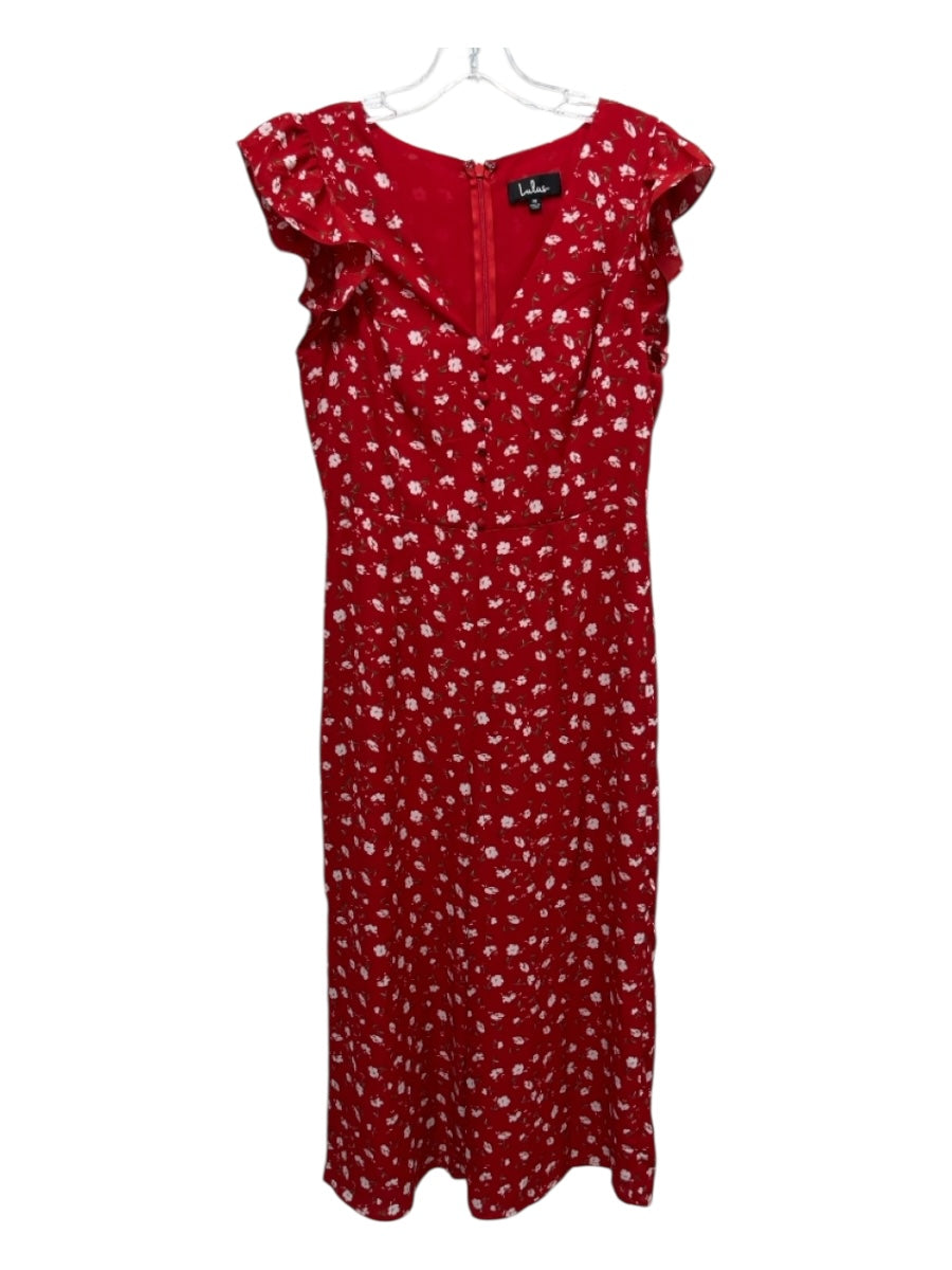 Lulus Size M Red, White, Green Synthetic Ruffle Cap Sleeve Floral V Neck Jumper