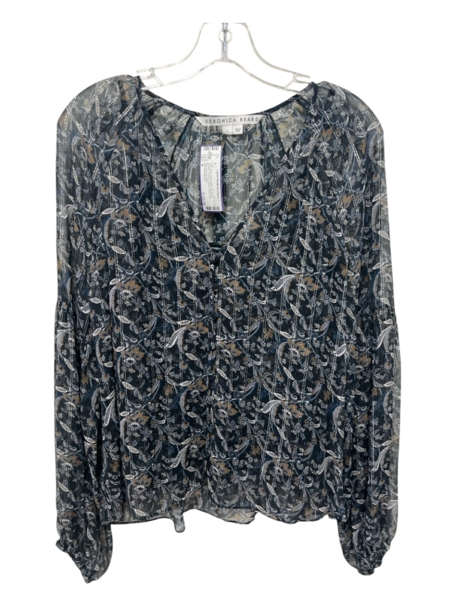 Veronica Beard Size 8 Navy Blue, White, Multi Silk Blend Metallic Thread Top