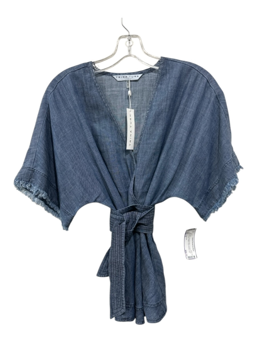 Trina Turk Size S Chambray Blue Lyocell & Linen Surplice Belted Half Sleeve Top