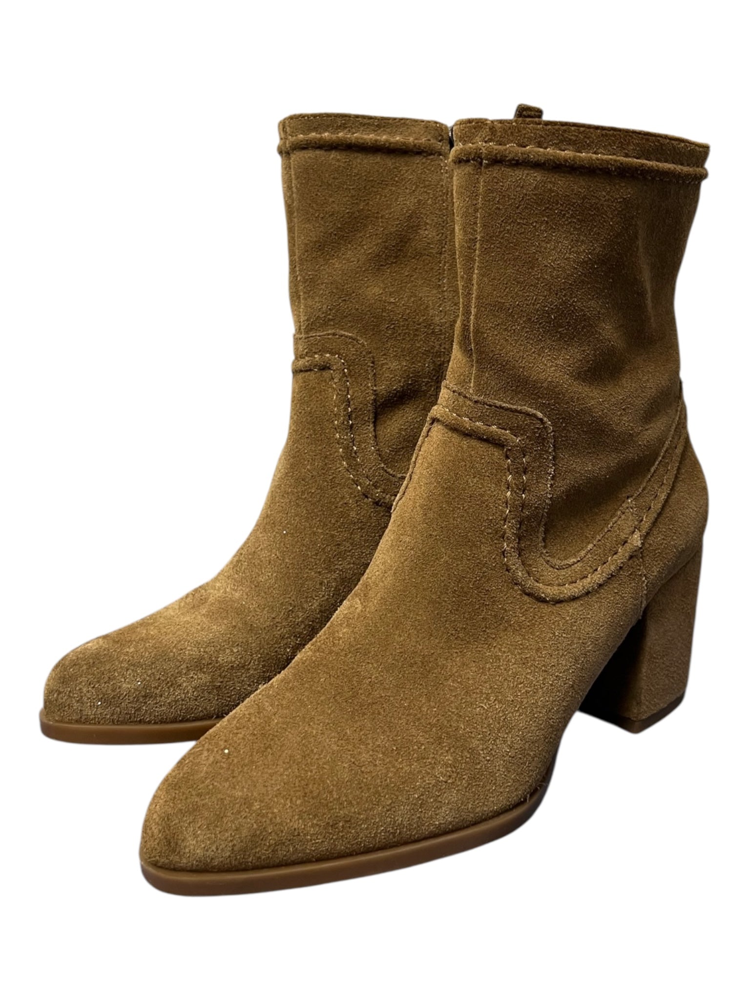 Vince Camuto Shoe Size Est 7 light brown Suede Zip Up Bootie Block Heel Shoes