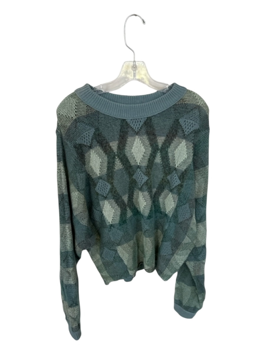 Free People Size L Blue & Green Cotton Blend Long Balloon Sleeve Knit Sweater