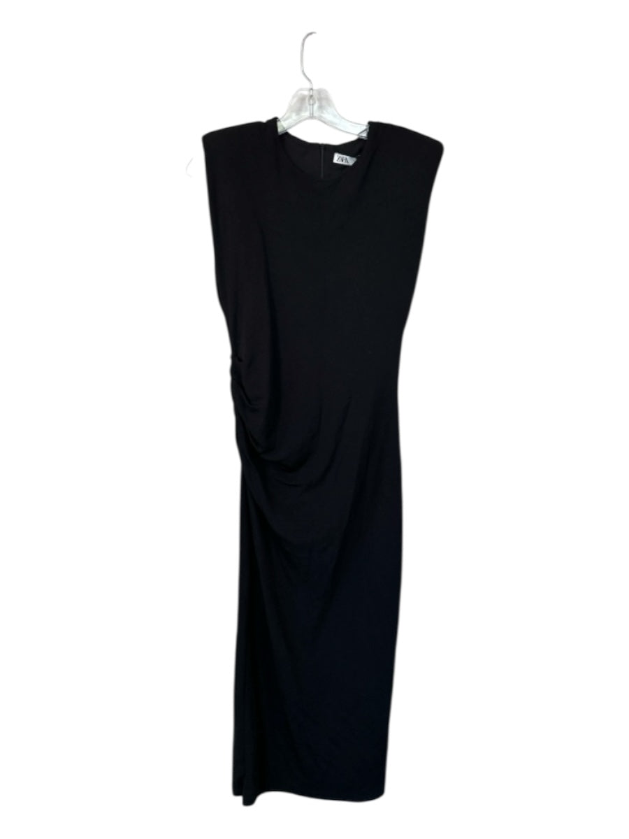 Zara Size M Black Polyester Shoulder Pads Cap Sleeve Gathered Maxi Dress