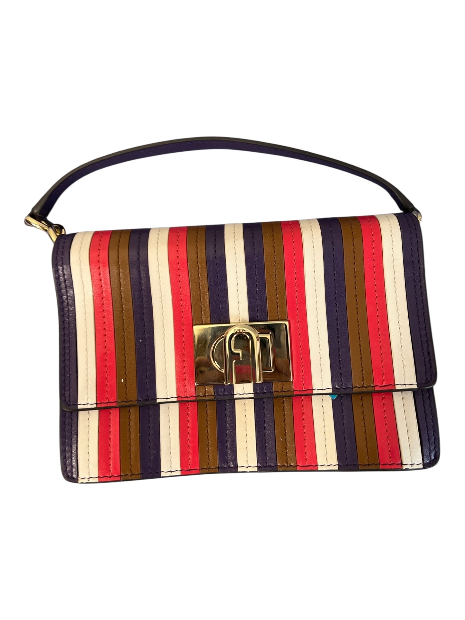 Furla Purple, red & cream Leather Striped Stich Detail Top Handle Twist Lock Bag