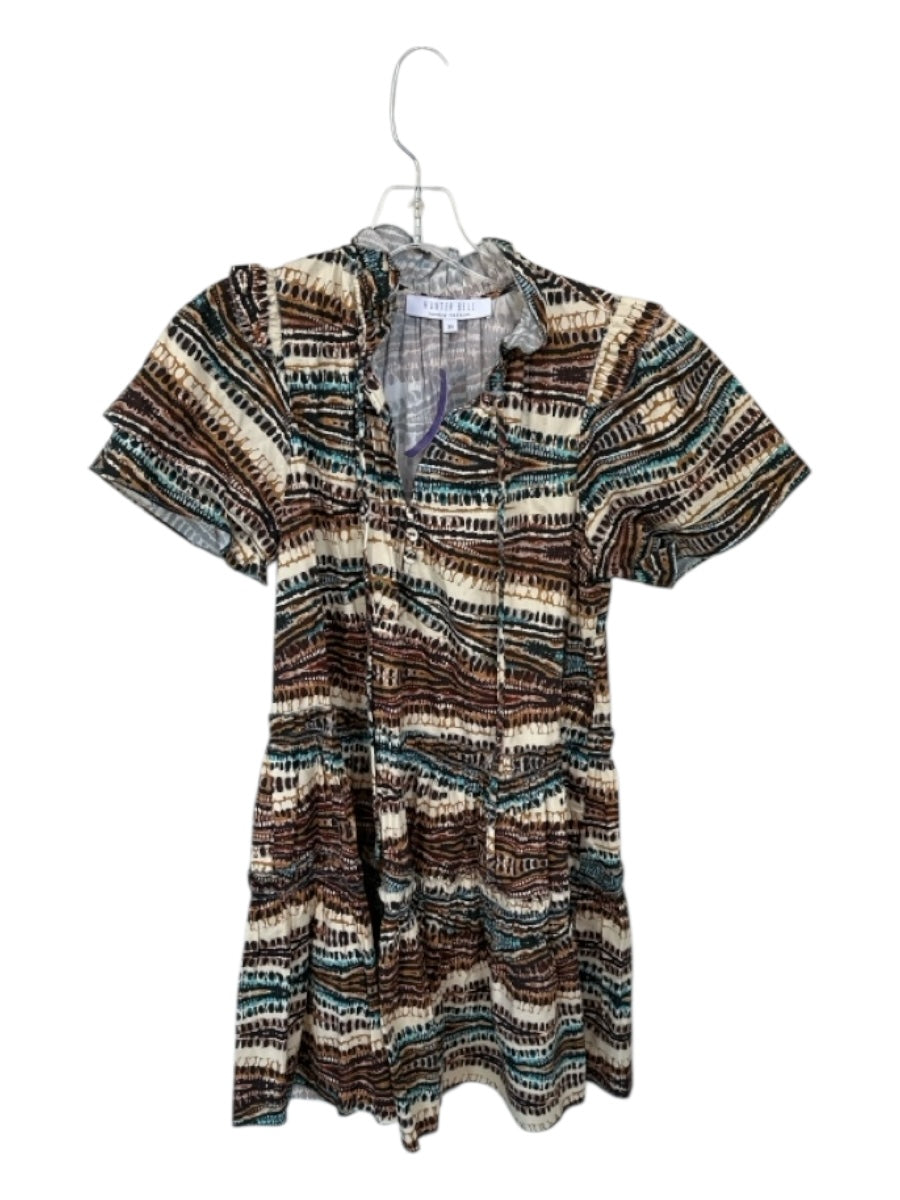 Hunter Bell Size XS Brown & Teal Cotton Short Sleeve Ruffle Collar Dress