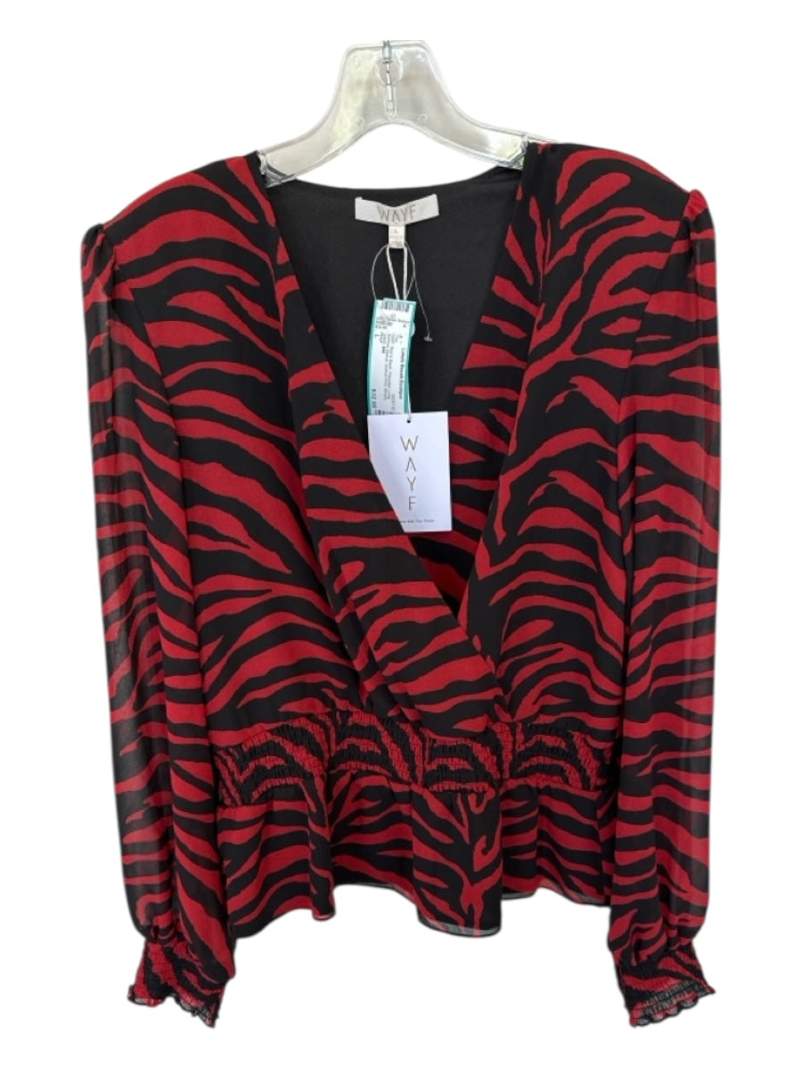 Wayf Size L Red & Black Polyester Long Balloon Sleeve Animal Print Top