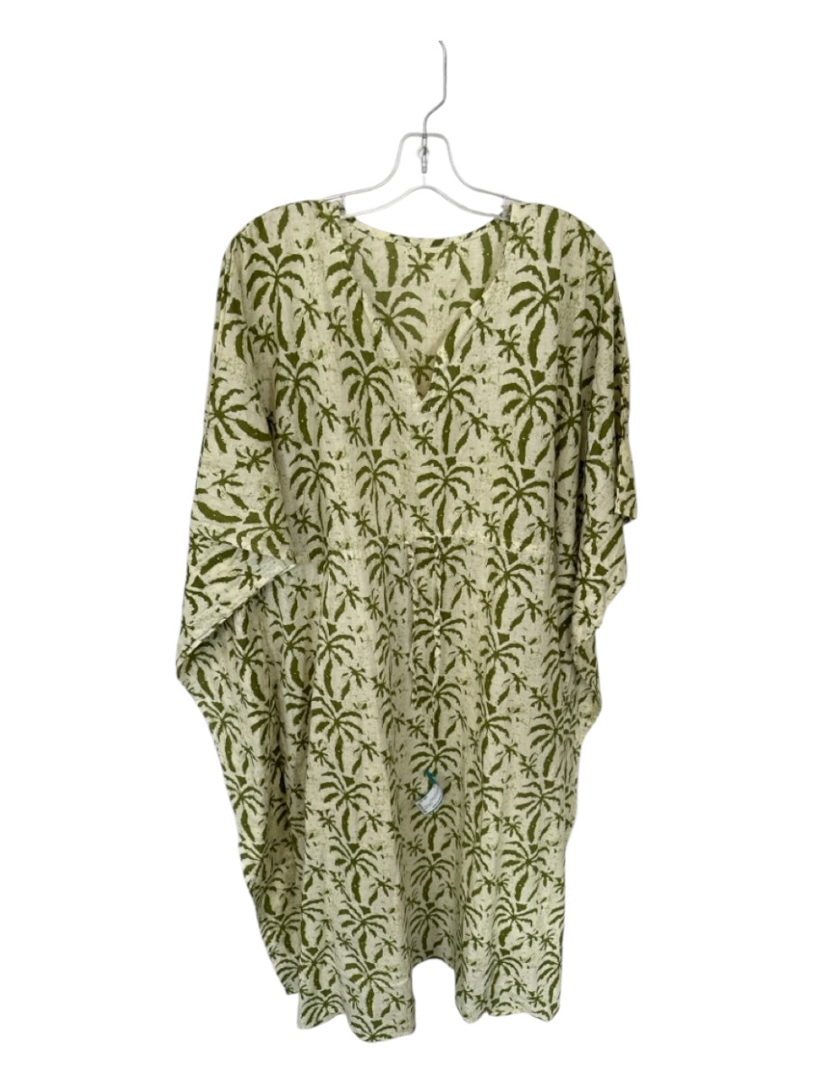 Size One Size Tan & Green Cotton Batwing Drawstring Waist Palm Trees Maxi Dress