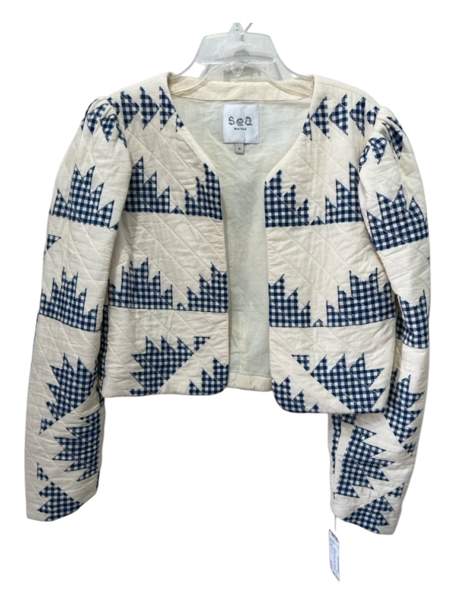 Sea New York Size M Off White & Blue Cotton Gingham Quilted Long Sleeve Jacket