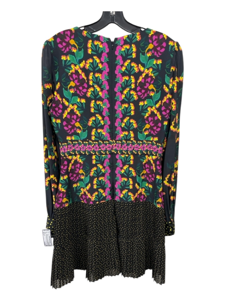 Saloni Size 6 Black, Purple, Yellow Silk Pleated Floral & Polka Dots Dress