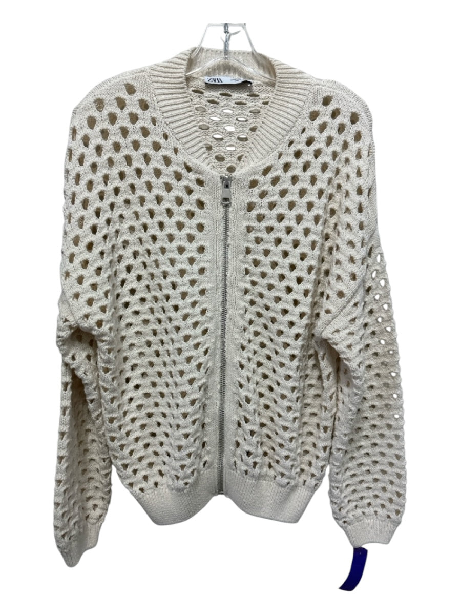 Zara Size M Cream White Knit Hole Details Zip Up Crew Neck Jacket