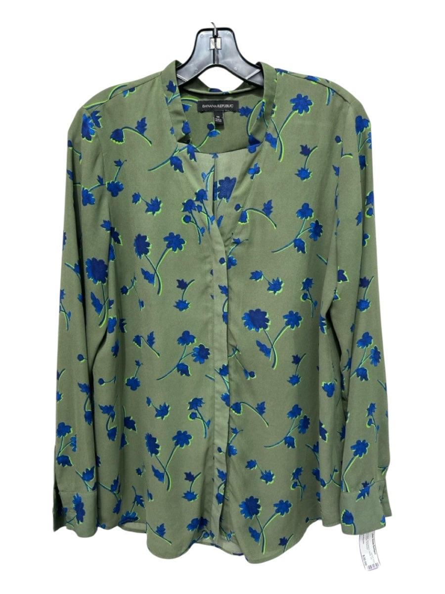 Banana Republic Size M Green & Blue Long Sleeve Floral 1/2 Button V Neck Top
