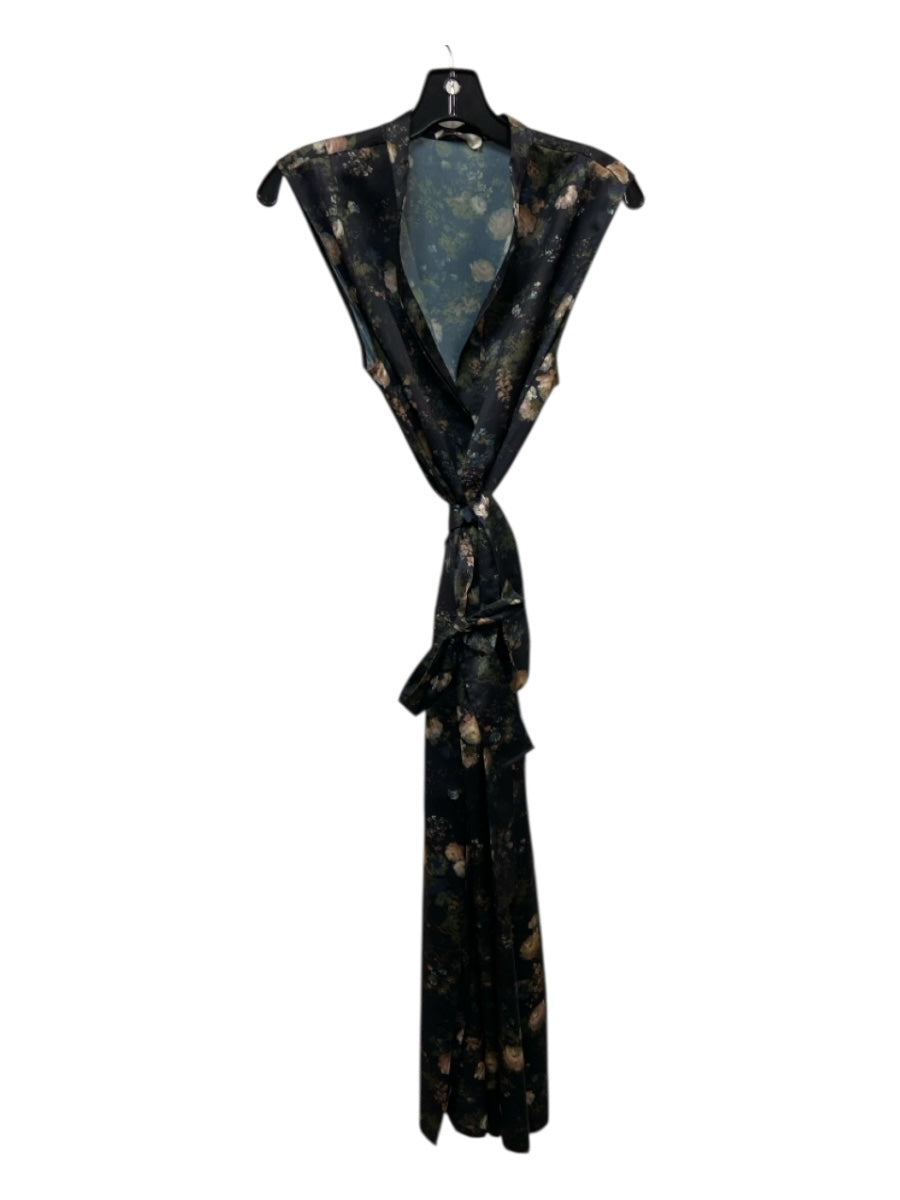 Vince Size L Black, Green, Multi Polyester Satin Floral Sleeveless Midi Dress