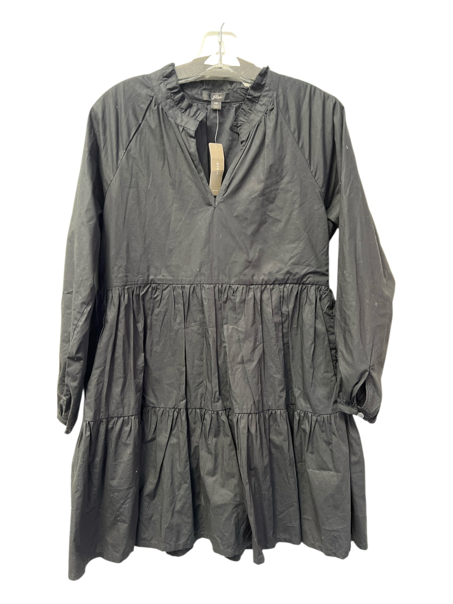 J Crew Size MP Black Cotton V Neck Ruffle Neckline Side Zip A line Dress